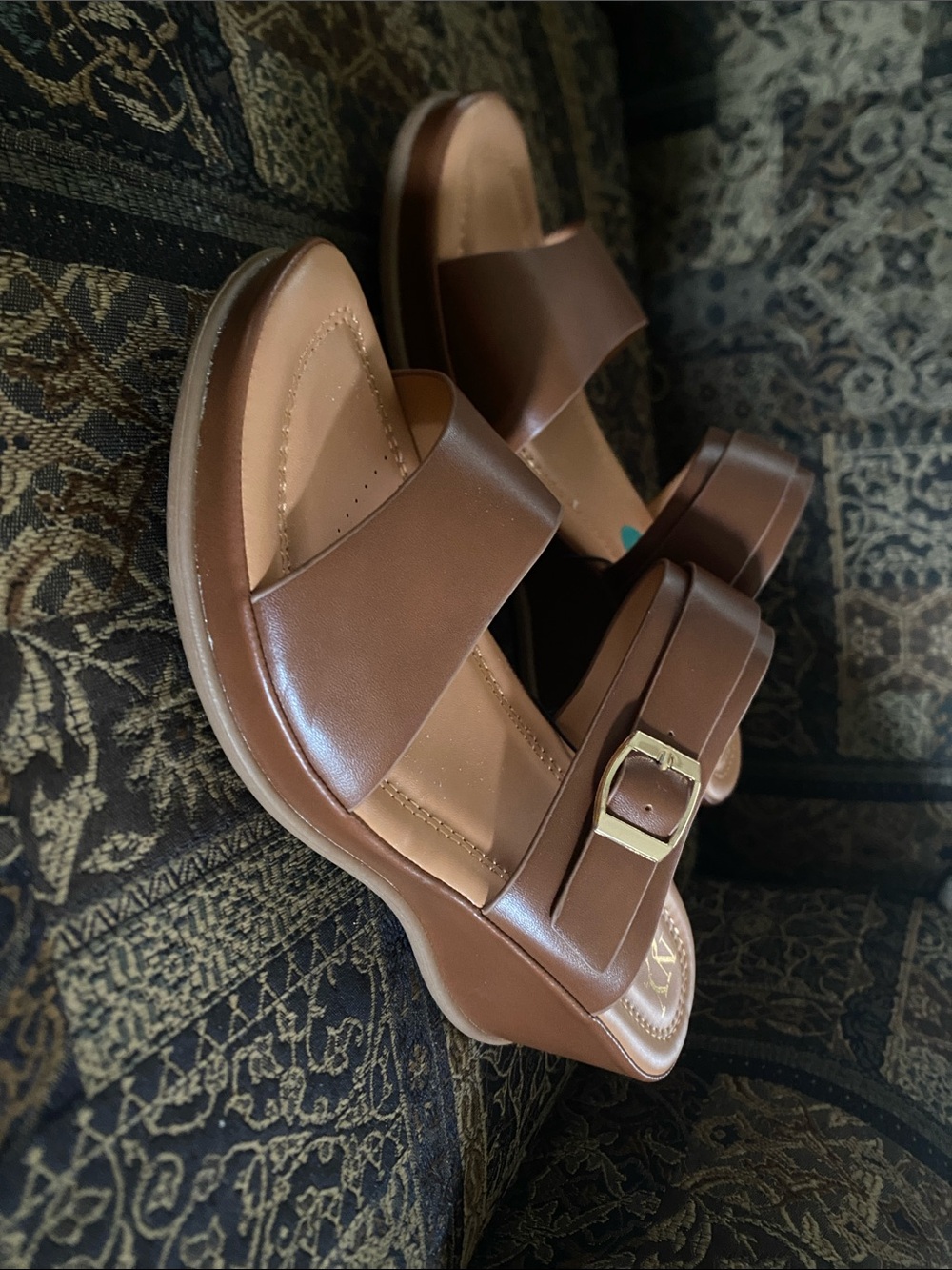 New York & Company Brown Slide Sandals with Gold Buckle